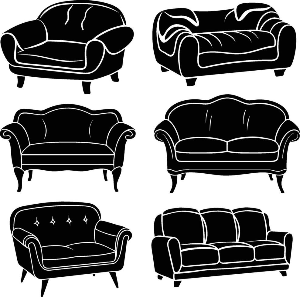 Set of black and white sofa design vector