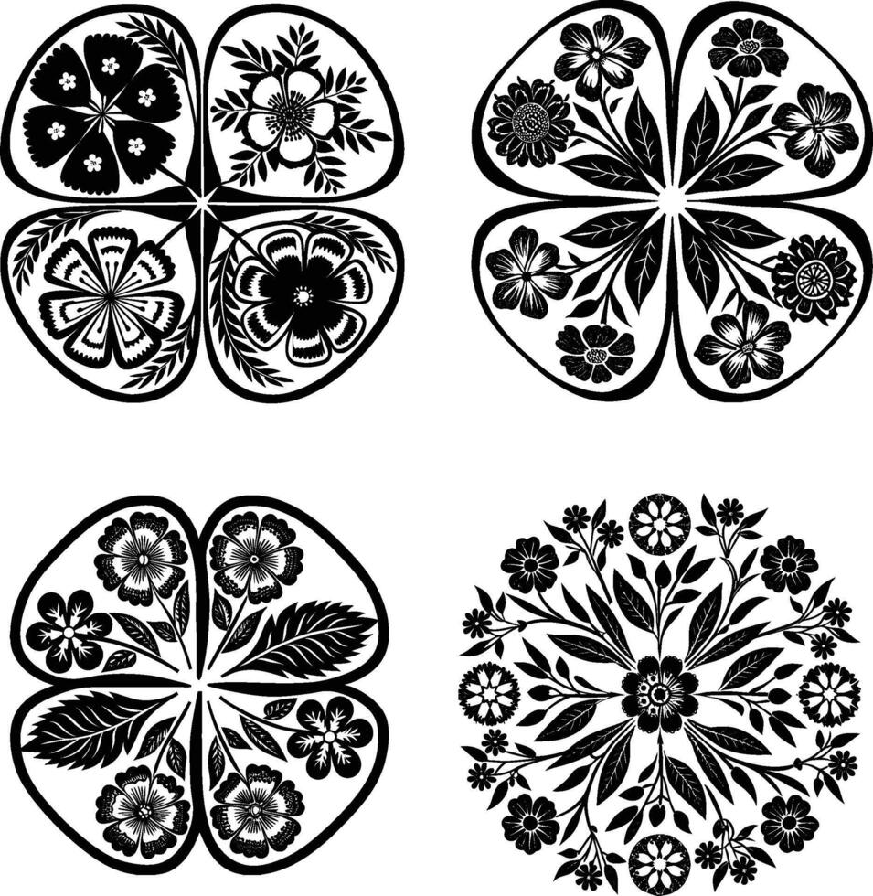 Set of silhouette flowers and leaves vector