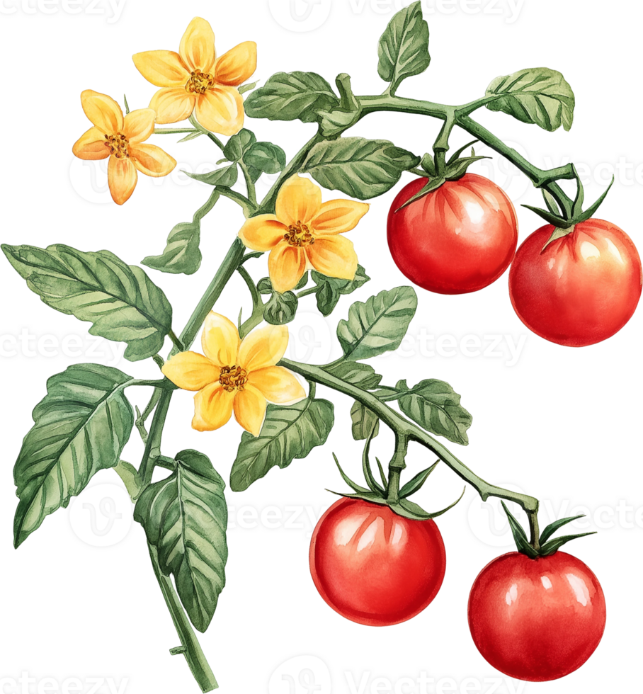 Tomato plant with flowers and tomatoes png