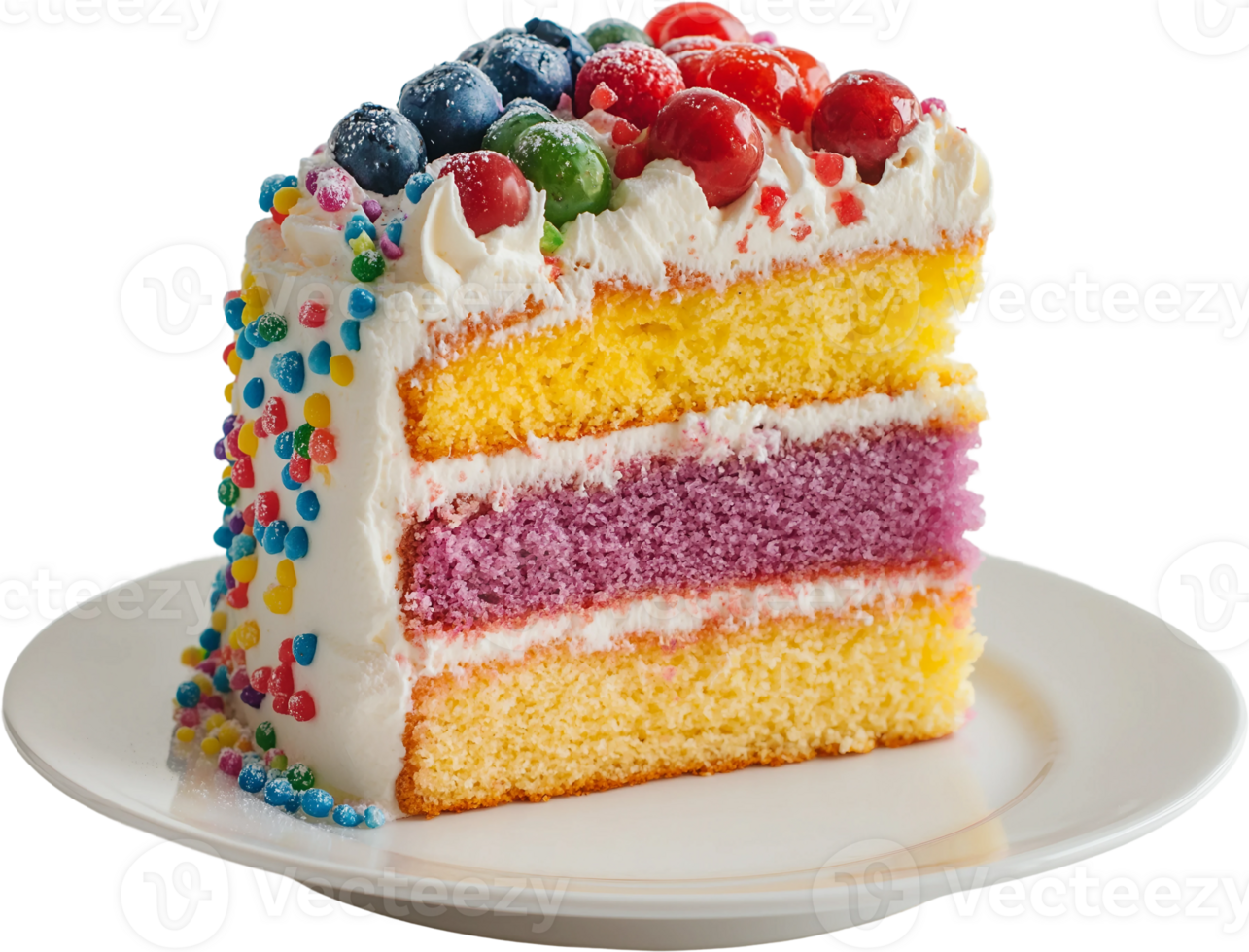 A slice of cake with colorful frosting on a white plate png