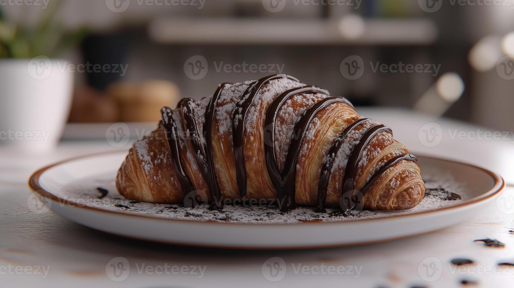 Delicious chocolate croissant drizzled with chocolate on a plate in a softly blurred indoor setting photo