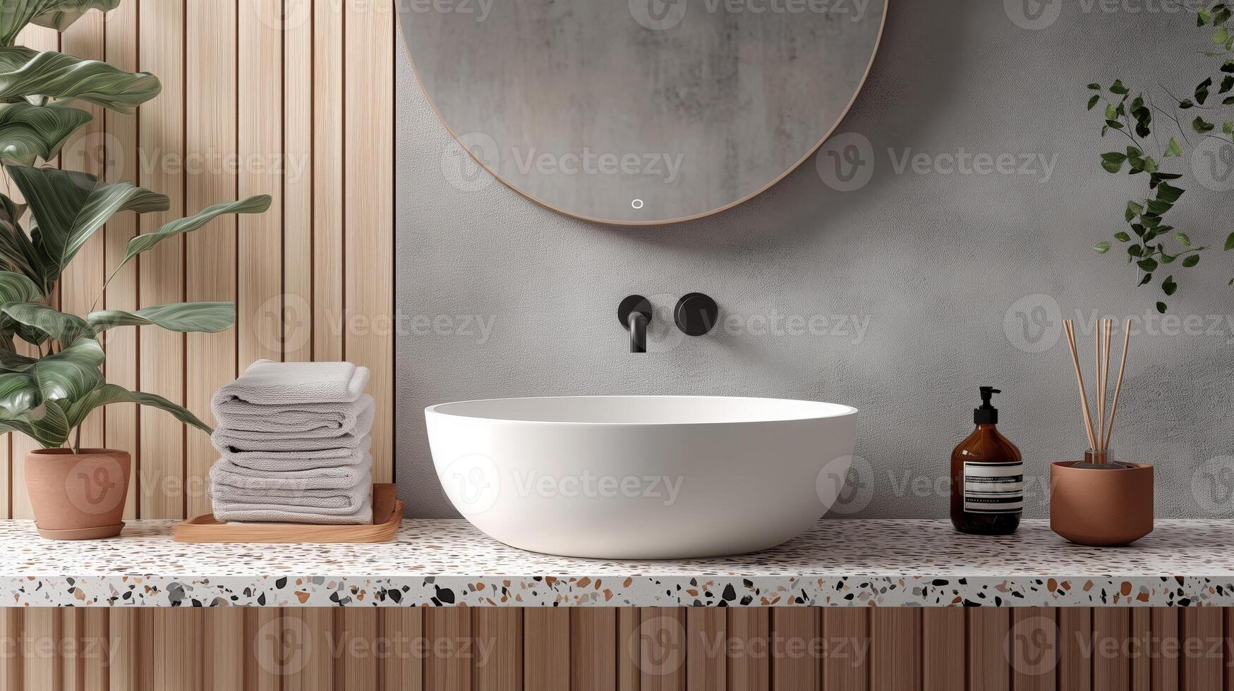 Terrazzo countertop with white round ceramic sink, minimalist modern bathroom, neutral tones photo