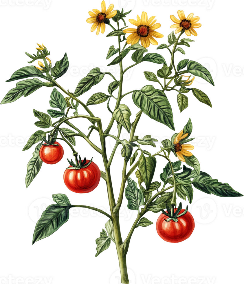 Tomato plant with flowers and tomatoes png