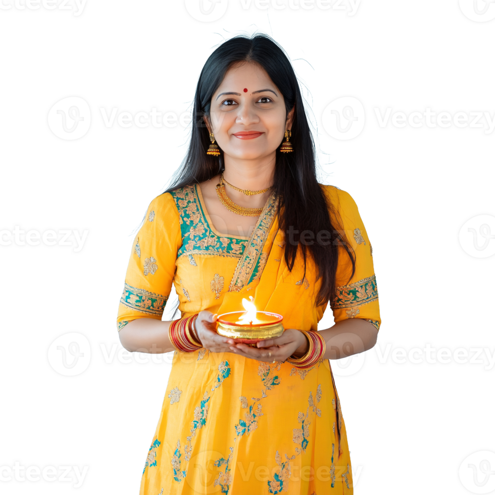A woman in a yellow sari holding a lit diya png