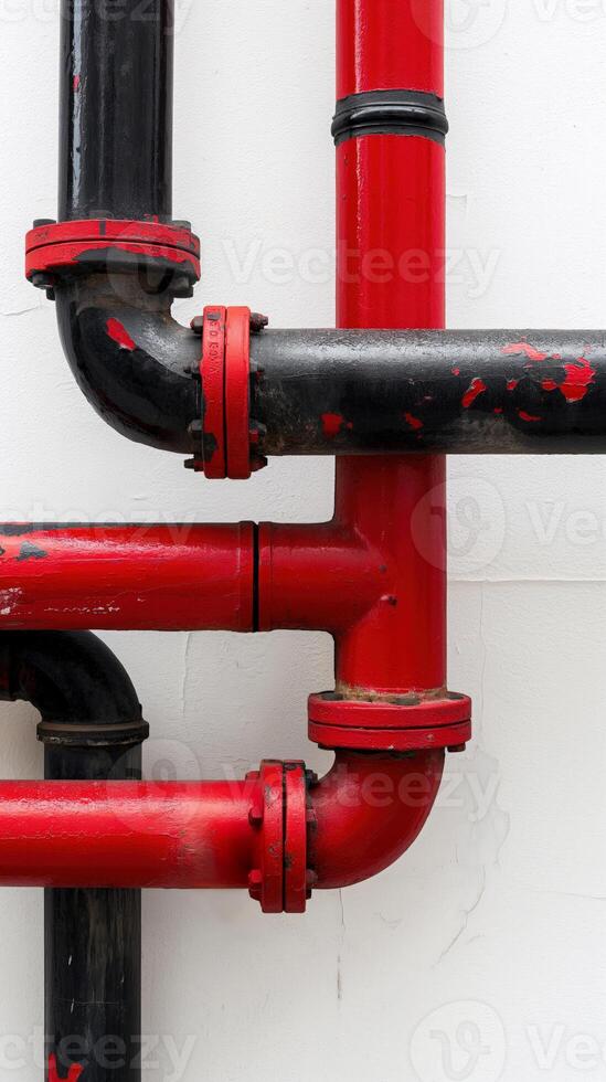 Red and black water pipes forming a tangled network structure, highlighting engineering photo