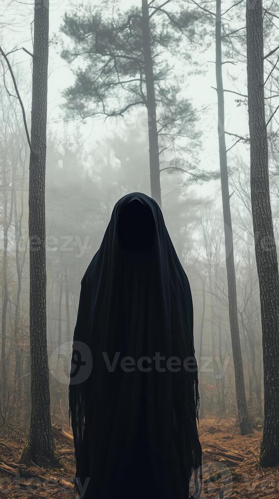 Mysterious hooded figure stands in a foggy forest, tall trees, face hidden. Eerie atmosphere photo