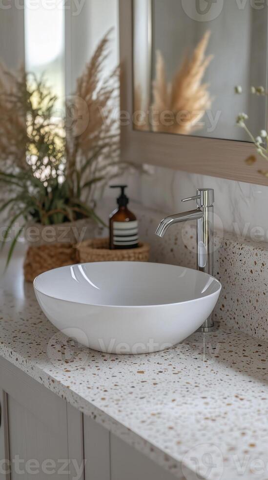 Terrazzo countertop with white round ceramic sink, minimalist modern bathroom featuring neutral tones photo