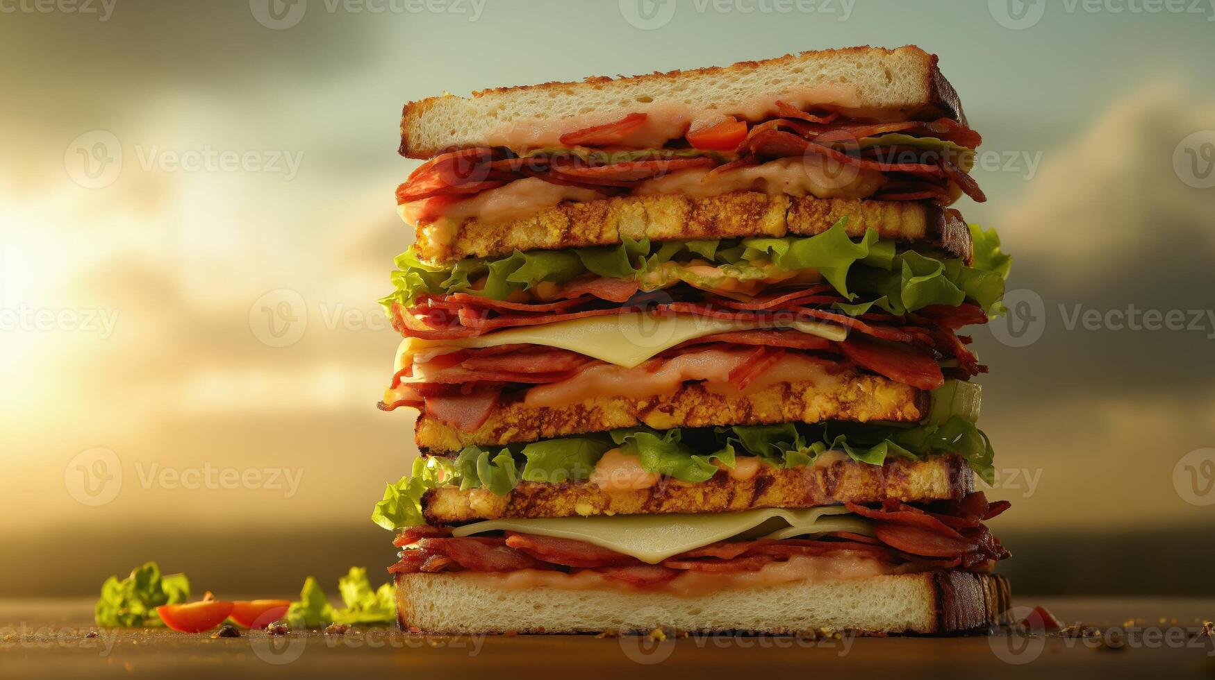Towering sandwich stacked with ham, cheese, lettuce, chicken, and bread against a sunset backdrop photo