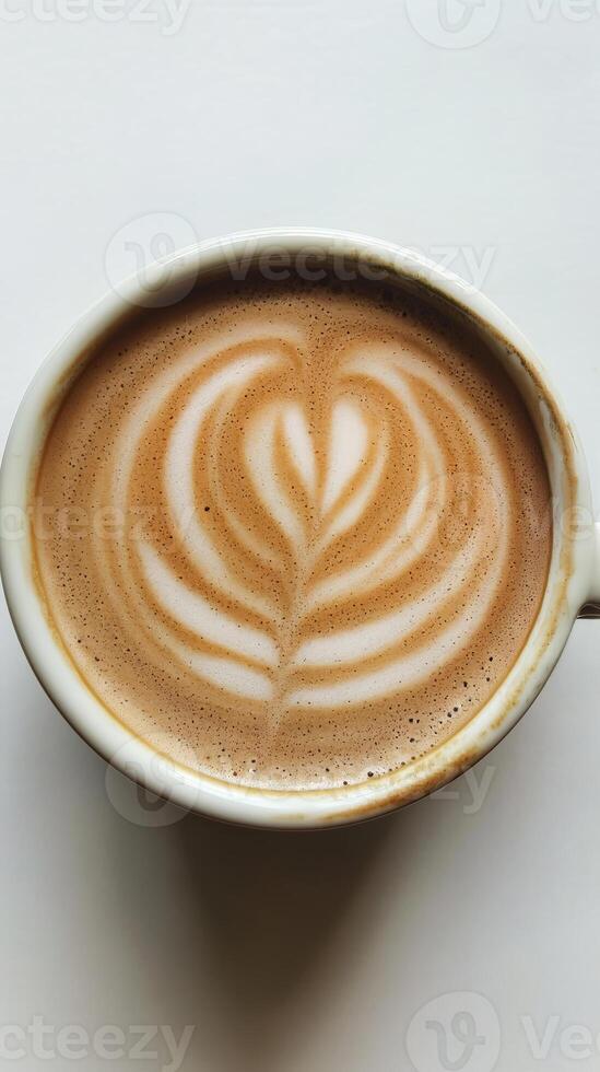 A cup of hot cappuccino with intricate latte art in a heart shape against a white background photo