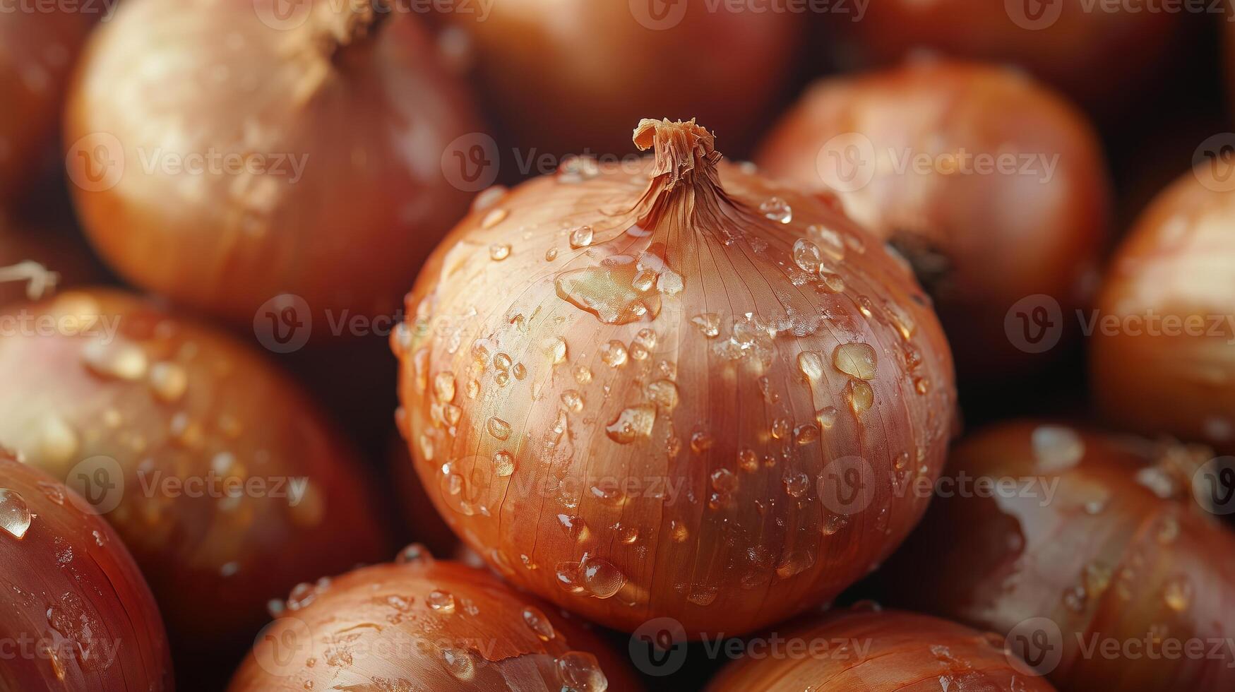 Close up of fresh onions with water droplets, natural textures and rich tones of freshness photo