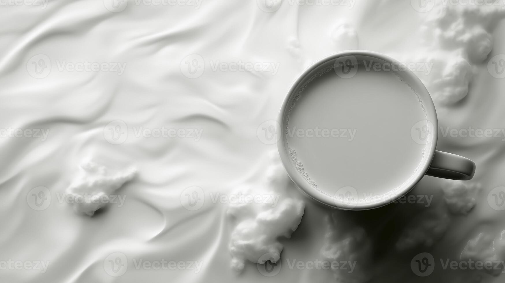 Cup of milk surrounded by cloud-like patterns on a creamy white background in black and white tones photo