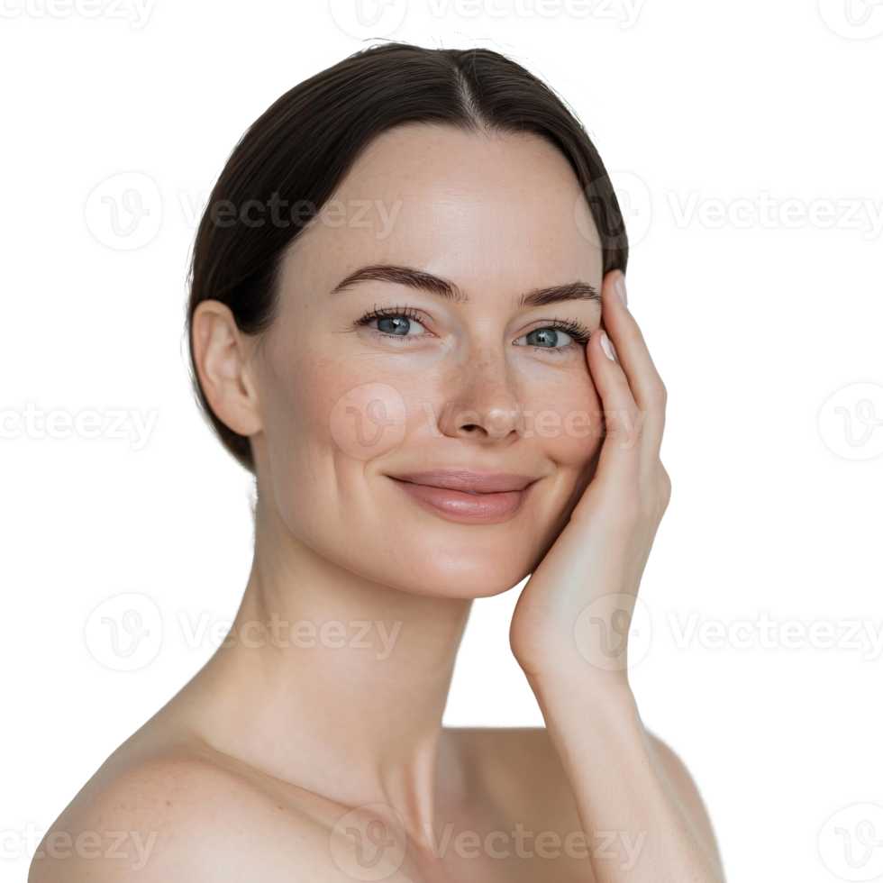 Stylish woman with a big grin, pressing her hand against her cheek png