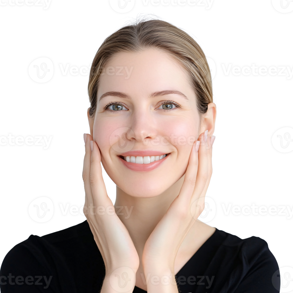 Young woman glowing with happiness, fingers placed on her cheek png