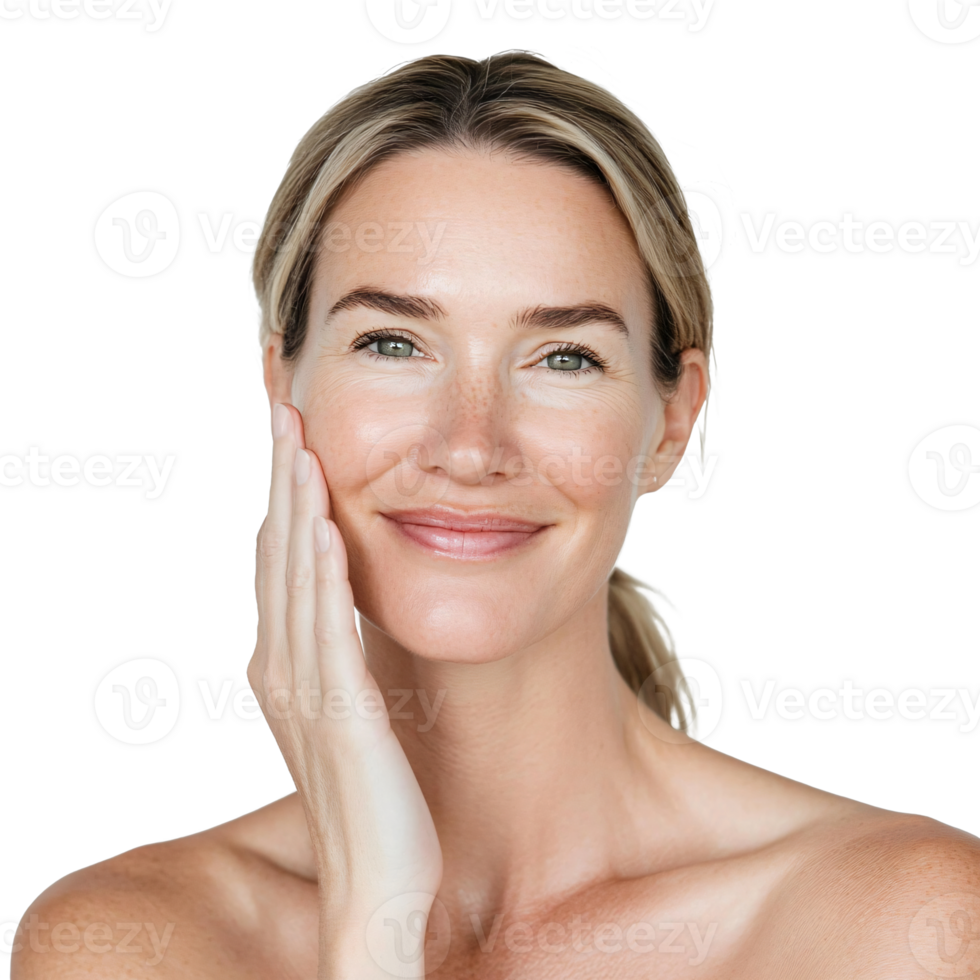 Stylish young woman showing joy, her hand resting on her cheek png