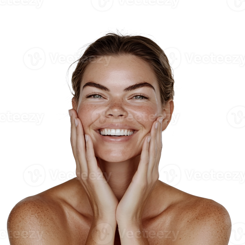 Happy lady with a bright smile and hand on cheek png