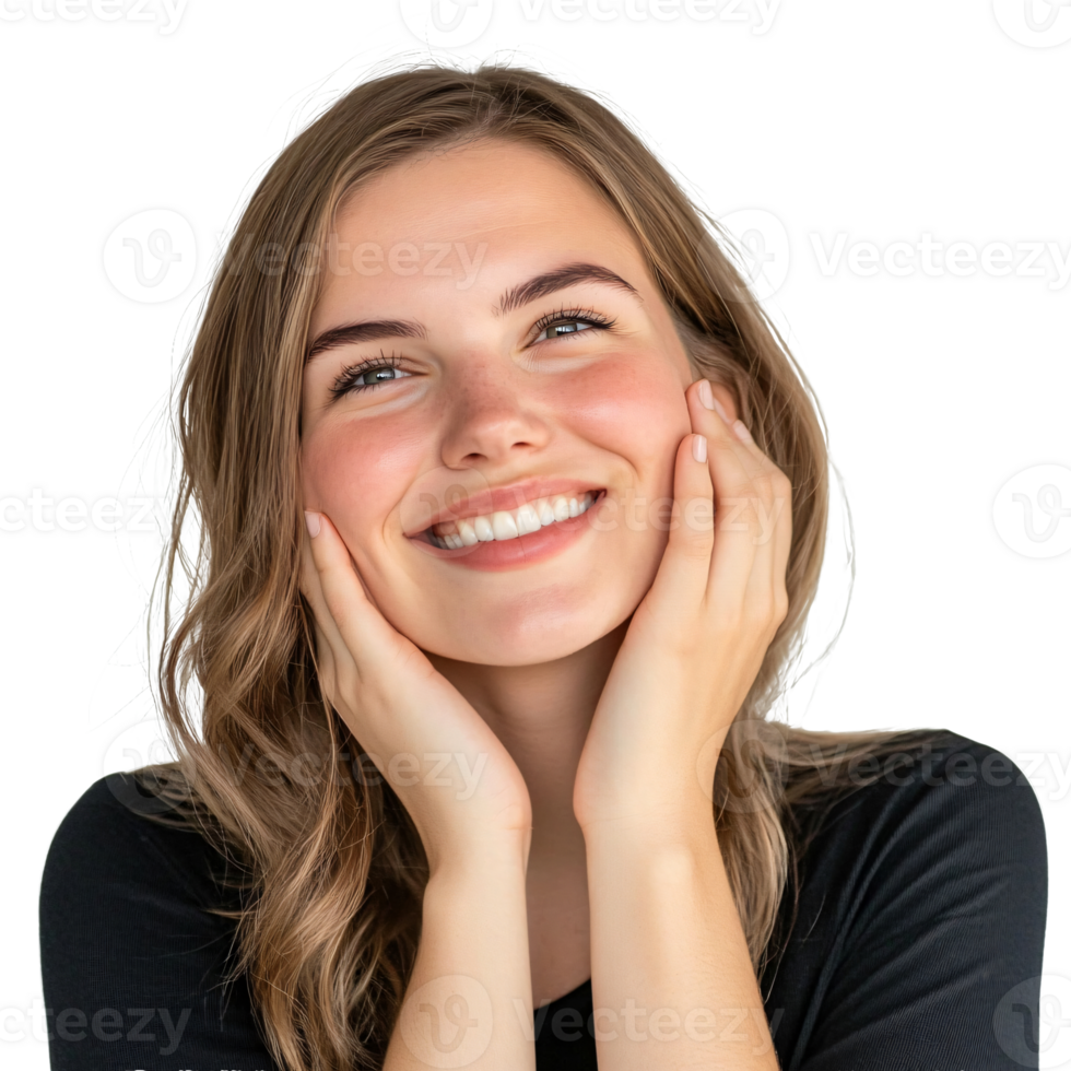 Young woman with a big smile, fingers gently placed on her cheek png