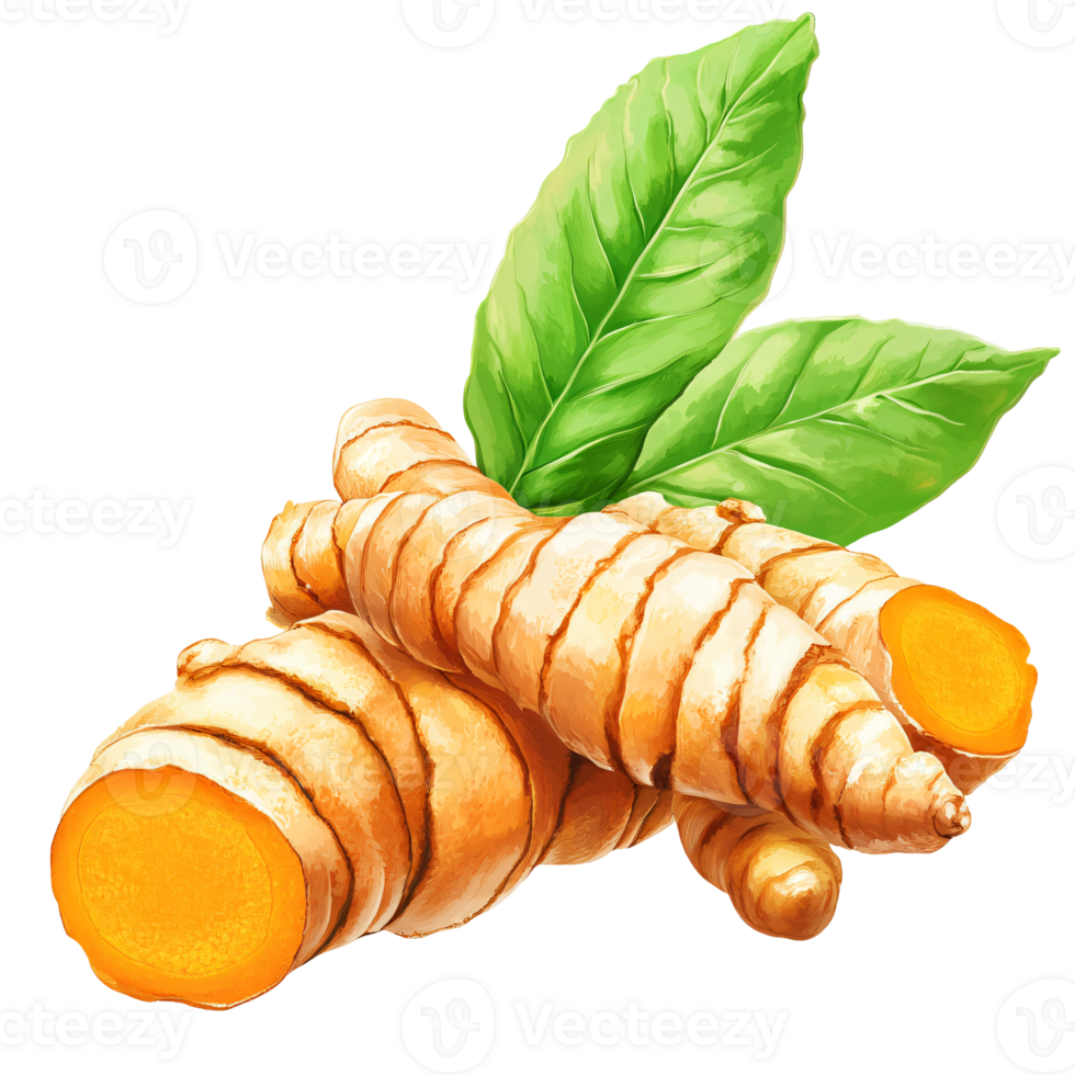 A cluster of turmeric roots with vibrant leaves png