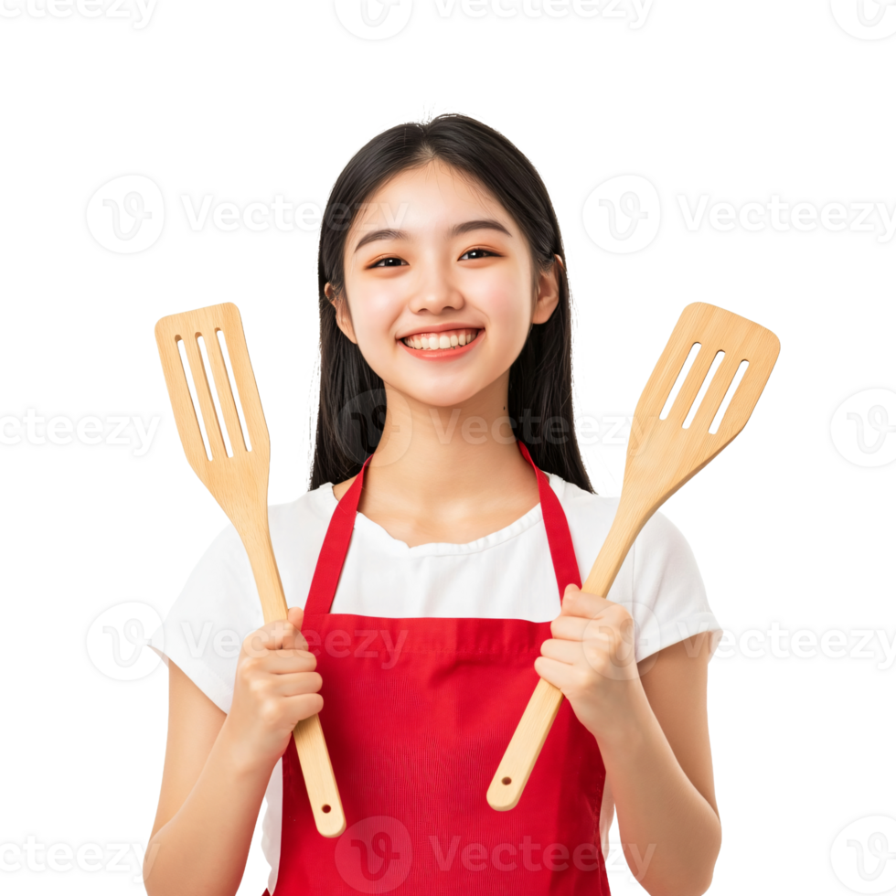 A young woman holding two wooden spoons png