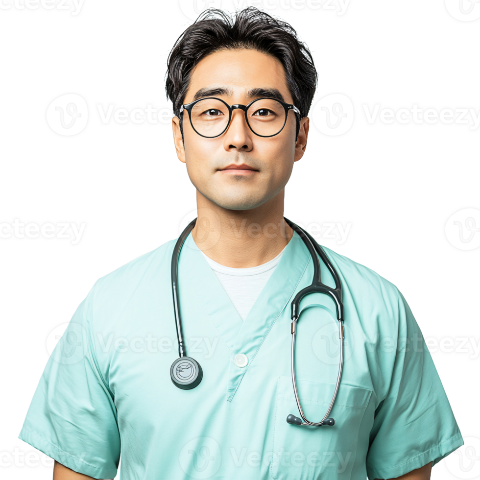 A male doctor wearing glasses and a scrub suit png