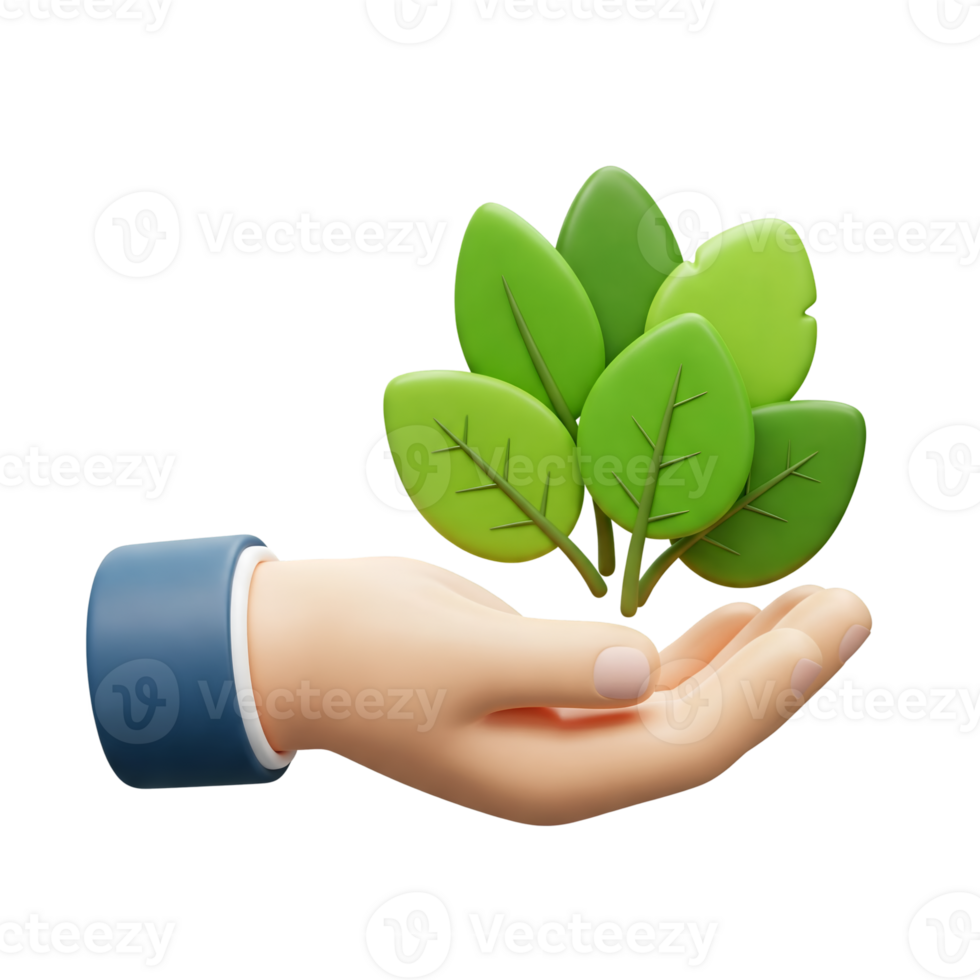 hand holding green plant 3D rendered icon illustration on transparent background png