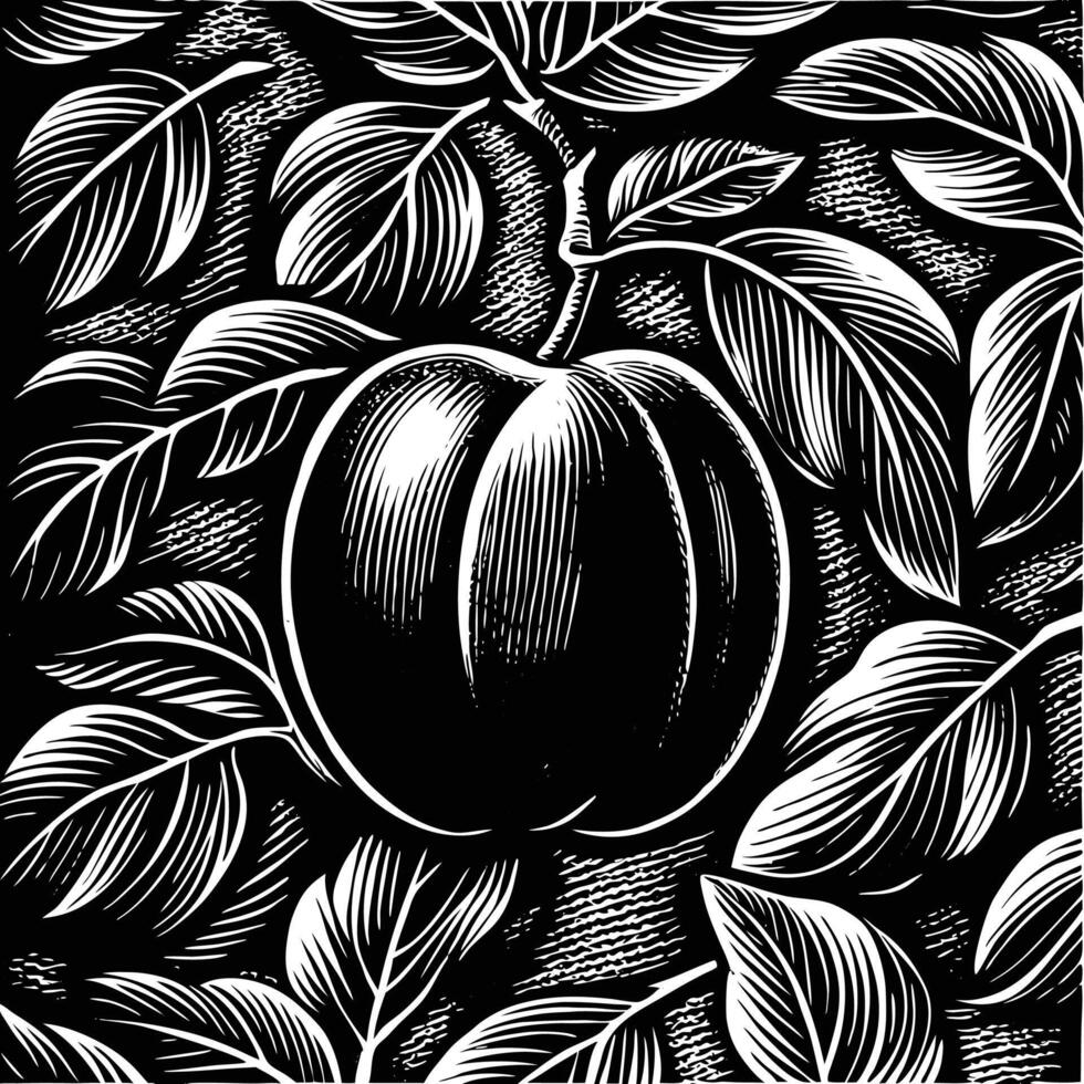 a black and white drawing of an apple on a black background vector