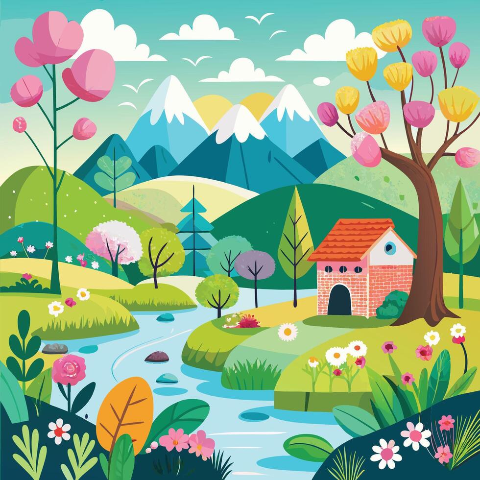 illustration of a landscape with a house, trees and flowers vector