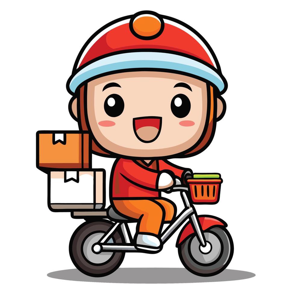 cartoon delivery boy riding a bike with boxes on the back vector