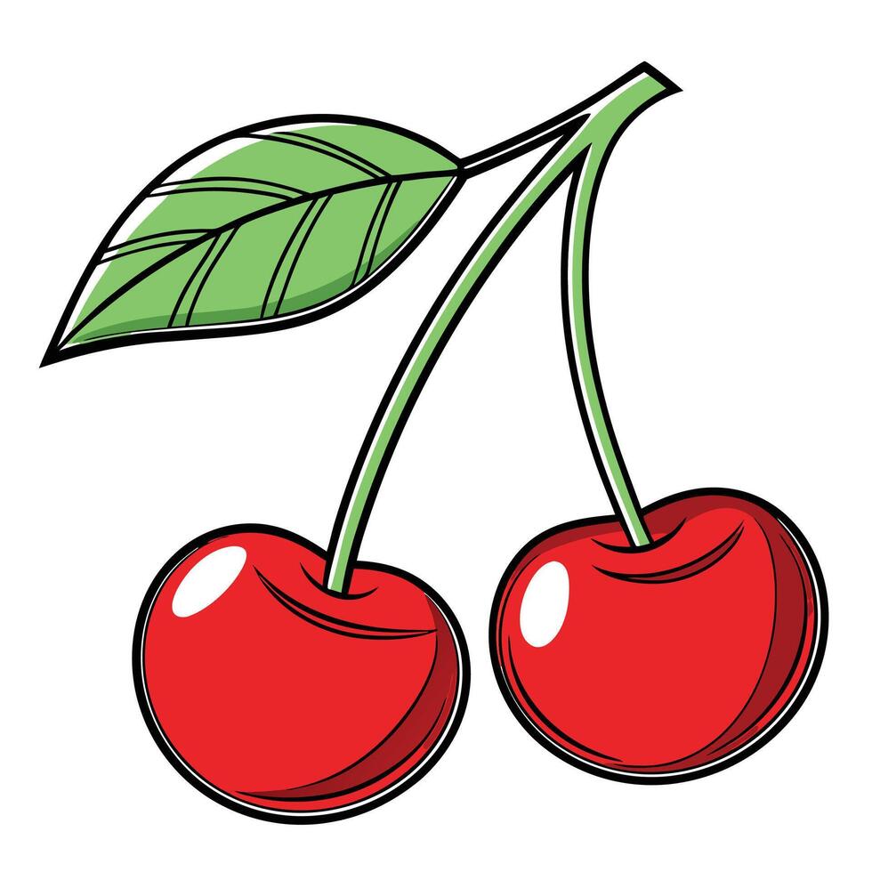 two cherries with leaves on a white background vector