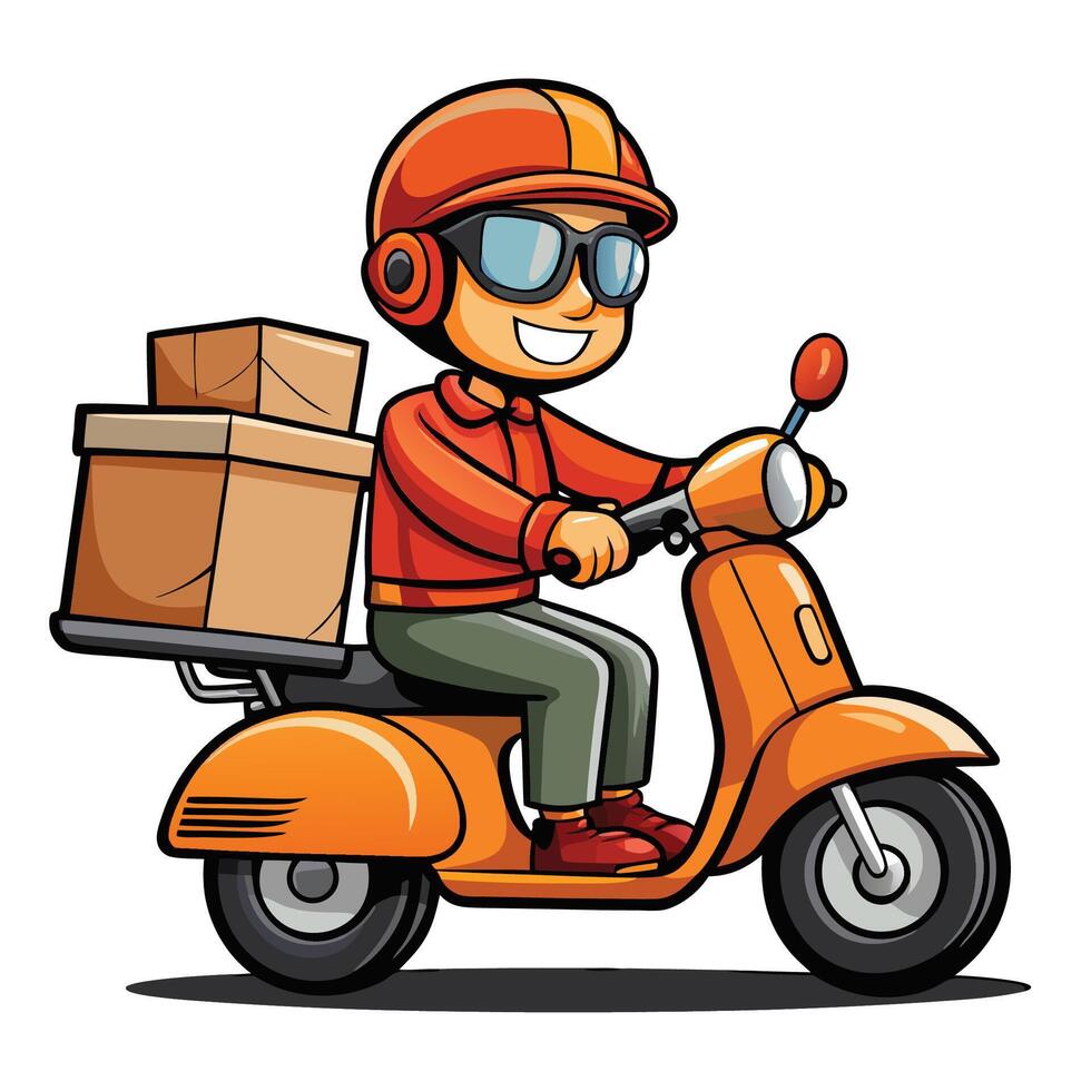 a cartoon delivery man on a scooter with boxes vector
