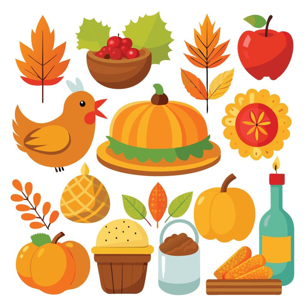 thanksgiving icons set with pumpkin, apple, bird, pumpkin pie, apple, pumpkin, apple vector