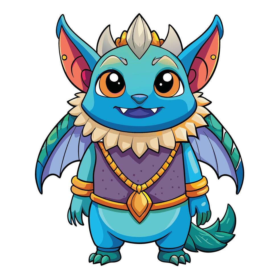 Cute cartoon fantasy creature with big eyes, wings, and golden jewelry. vector