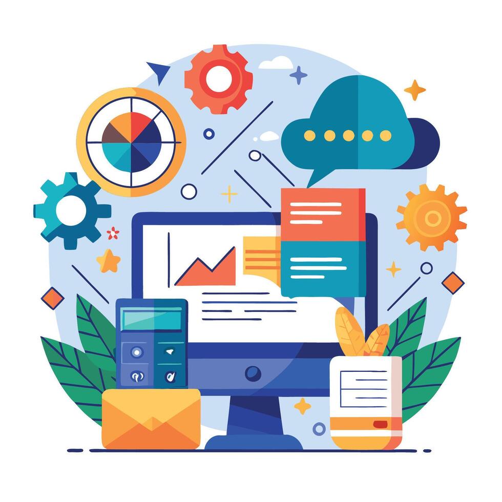 Digital marketing strategy with computer, charts, graphs, and cloud computing. vector