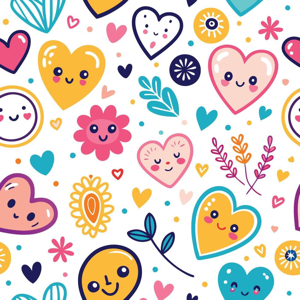Cute cartoon hearts, flowers, and sun faces seamless pattern. vector