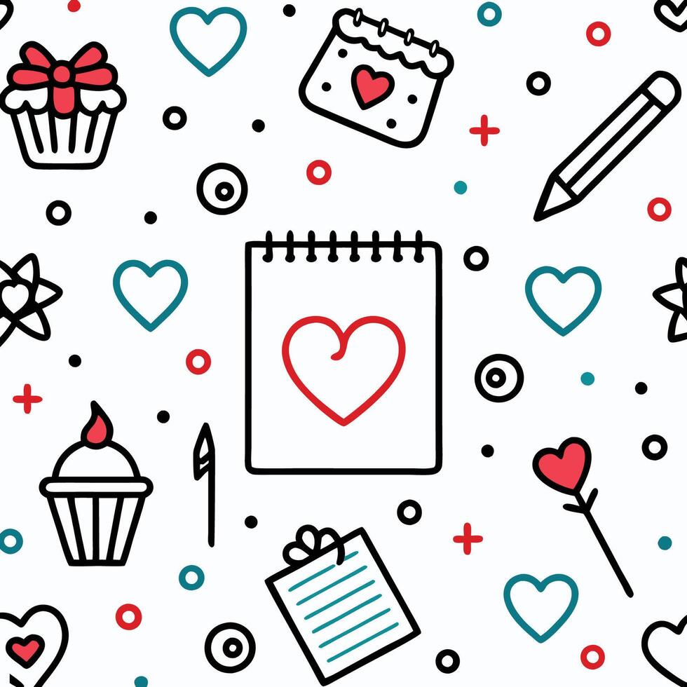 Cute seamless pattern with hearts, cupcakes, and stationery. vector