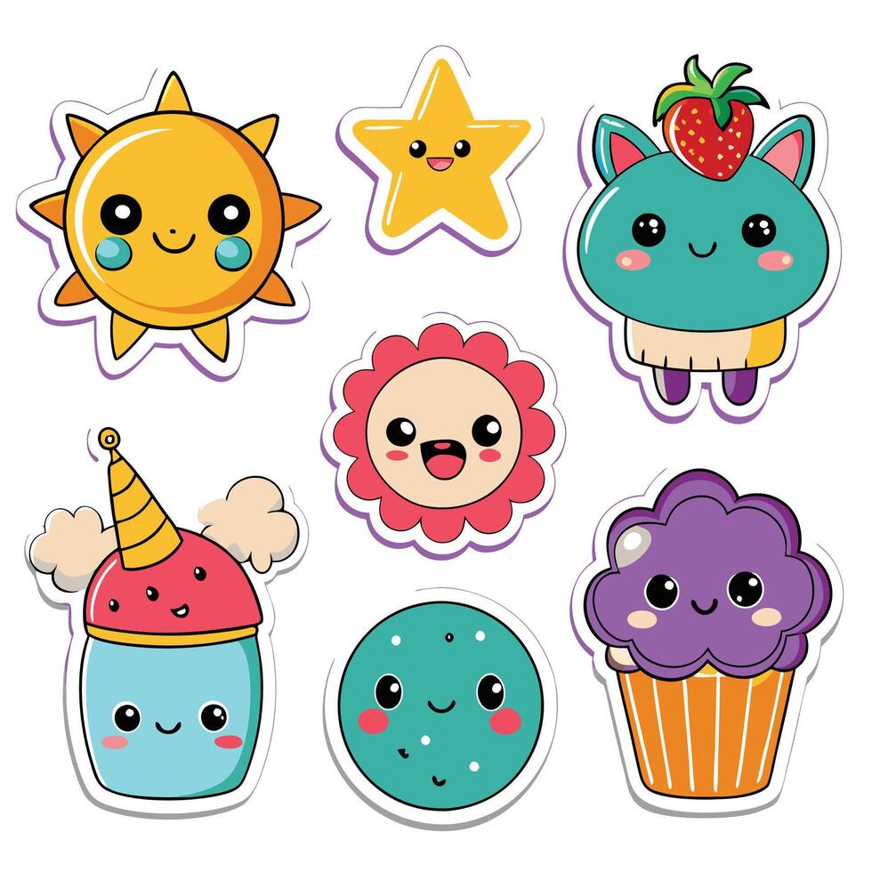 Cute cartoon stickers of sun, star, flower, cupcake, cookie, and creature. vector