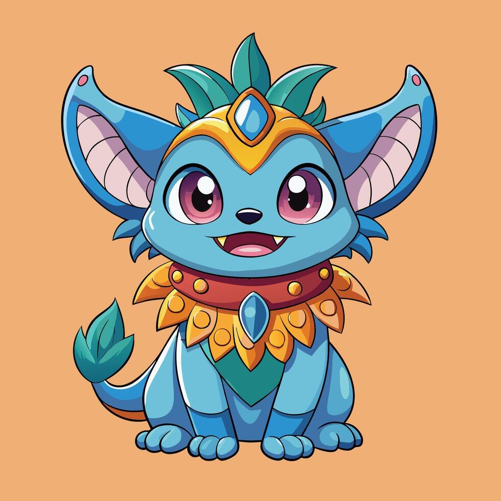 Cute fantasy creature with big ears, crown, and necklace. vector