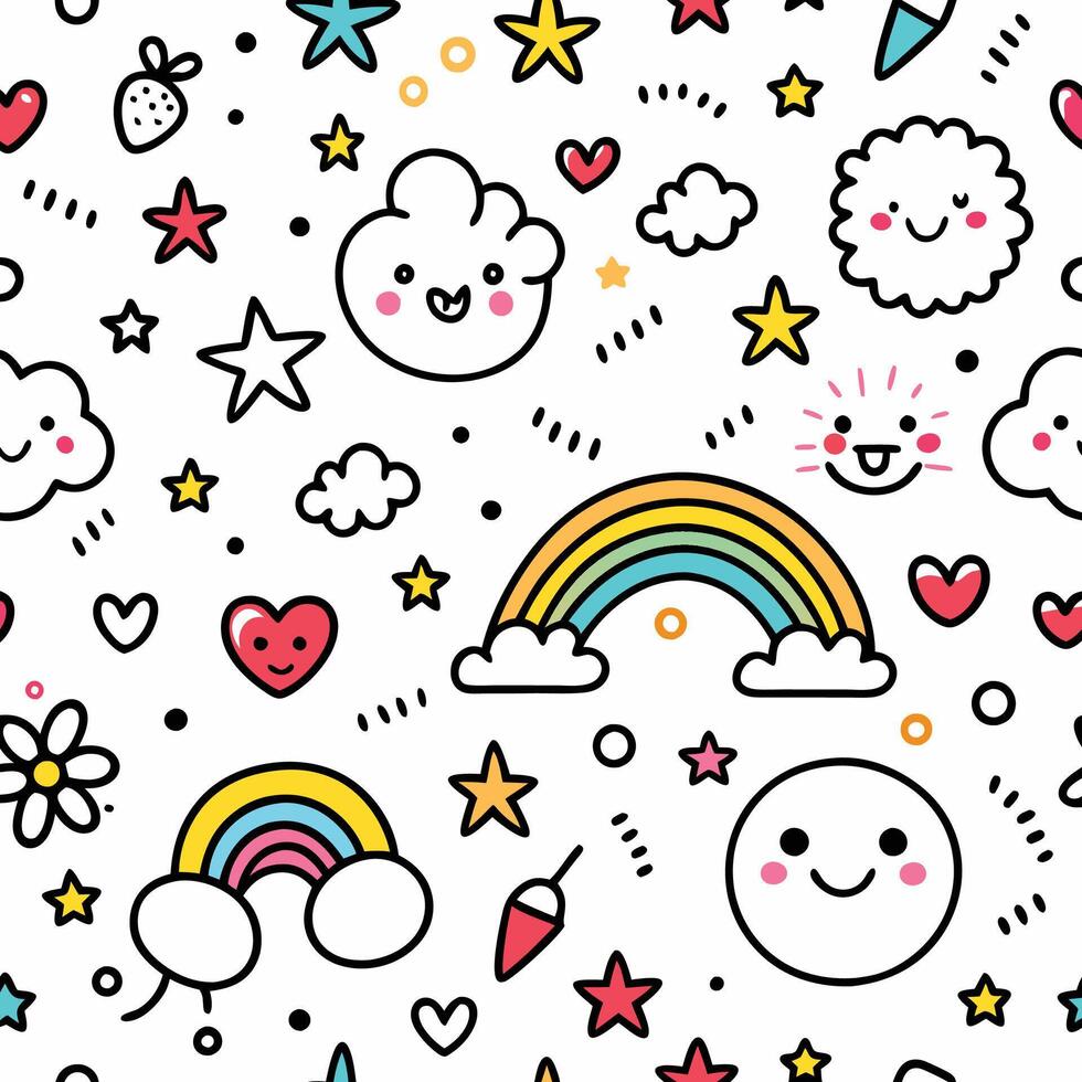 Cute seamless pattern with rainbows, clouds, stars, hearts and flowers. vector