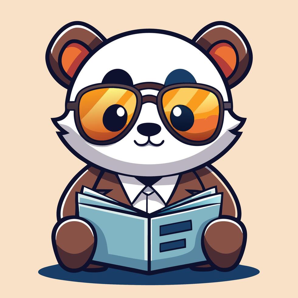Cute panda wearing sunglasses reads a book while dressed in a suit. vector