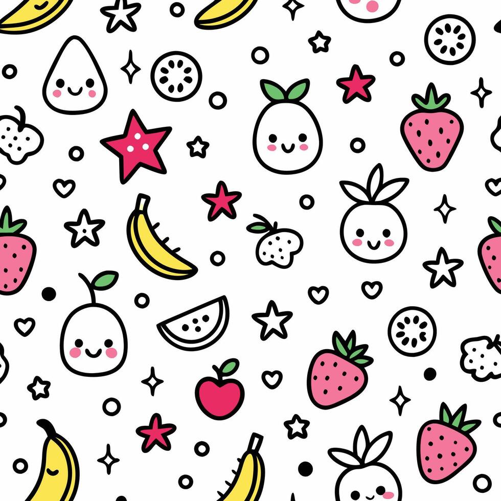 Cute fruit seamless pattern with kawaii faces and hearts on white background. vector