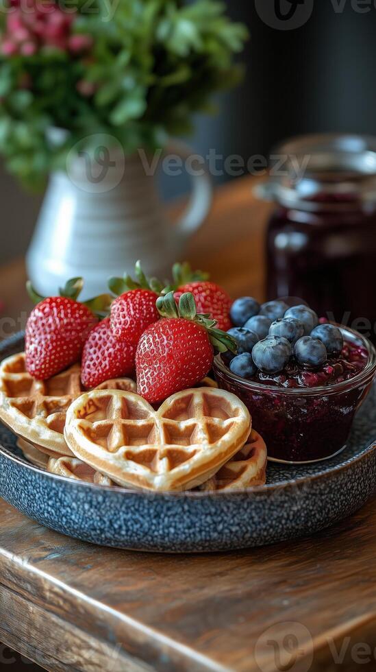 Heart-shaped waffles with strawberries, blueberries, and berry jam on a wooden table, breakfast photo