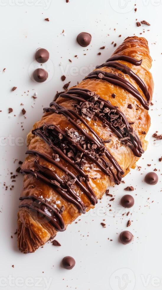 Delicious chocolate croissant with chocolate on white background with scattered pieces photo