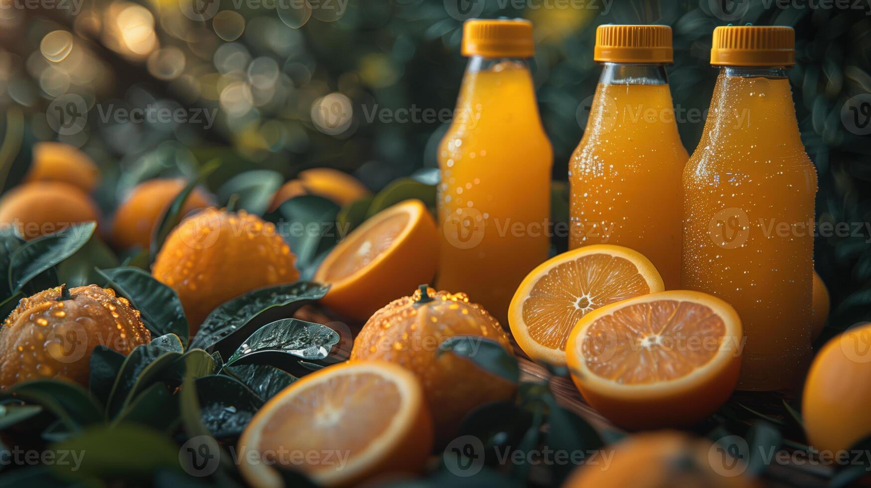 Bottles of orange juice with fresh oranges. Sunlight highlighting freshness and citrus flavor photo
