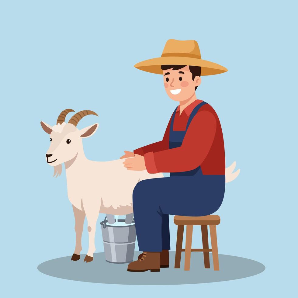 Farmer Milking Goat on Stool Agricultural Scene Illustration with Bucket vector