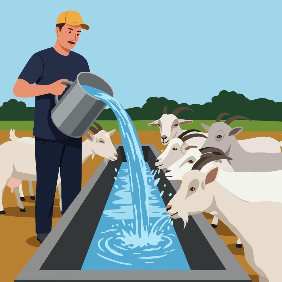 Man Pouring Water for Goats at Trough in Rural Setting vector