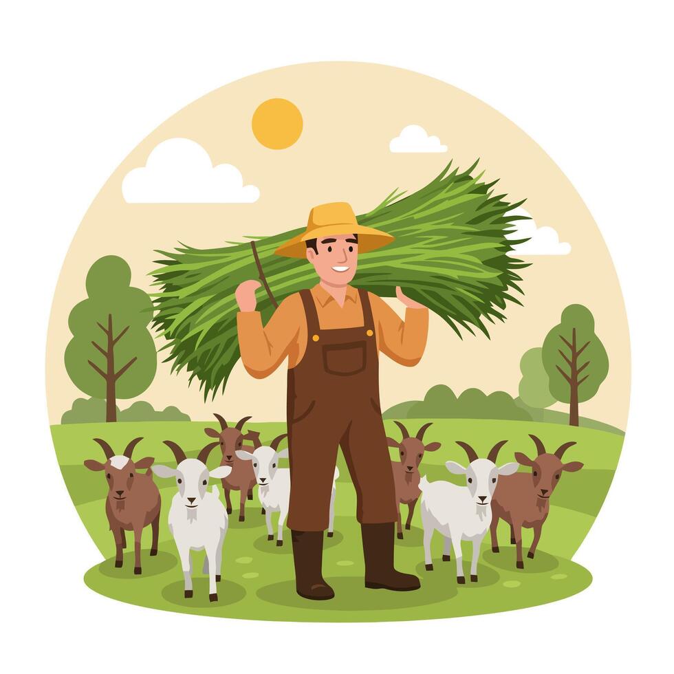 Farmer Carrying Fresh Cut Grass with Goats in Field Illustration vector