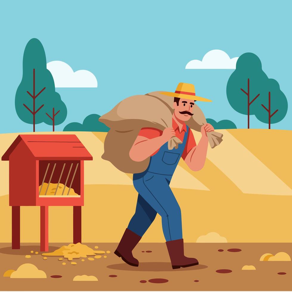 Farmer Carrying Sack on Field Near Feeder with Sunny Sky vector