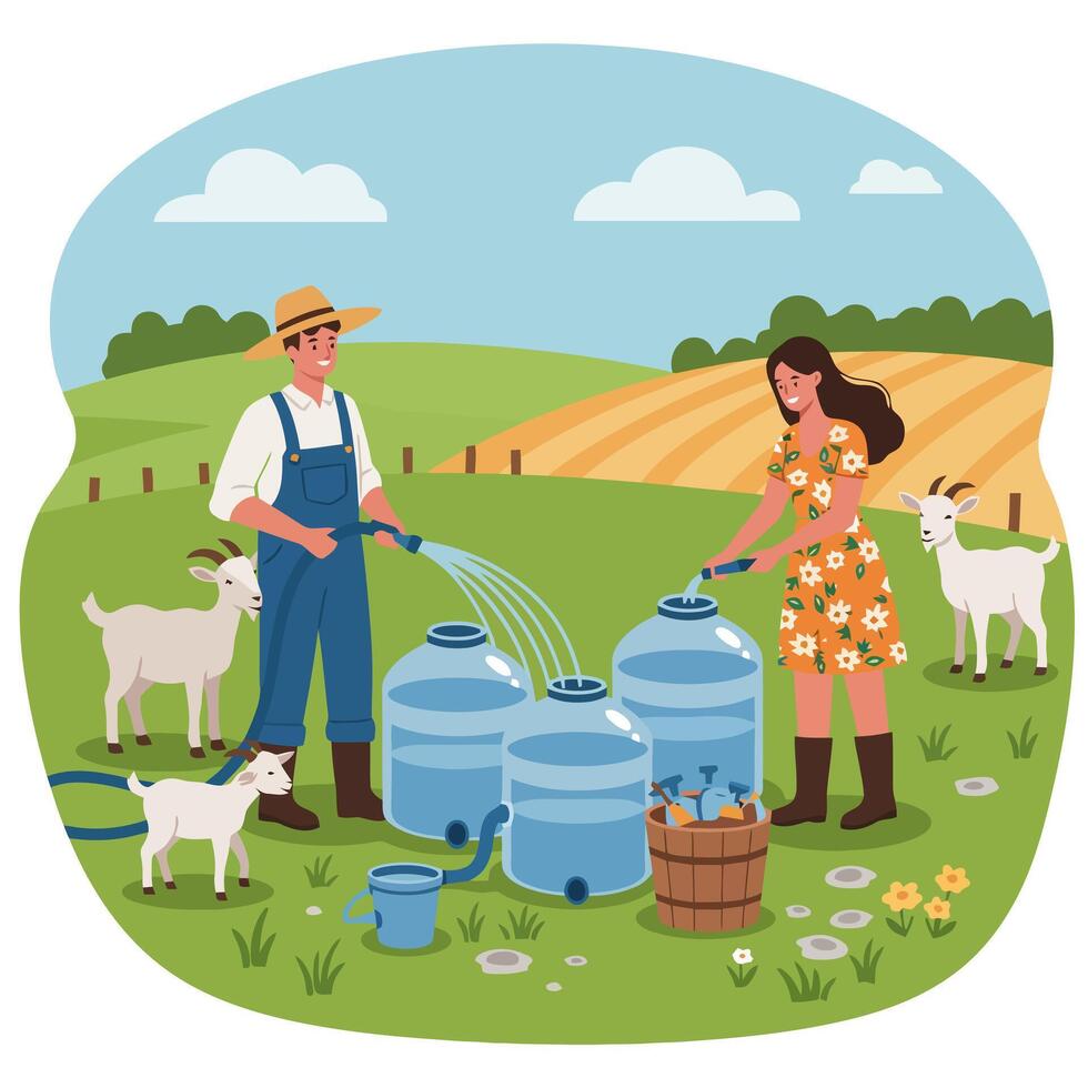 Couple Filling Water Tanks for Goats on Farm with Hose vector