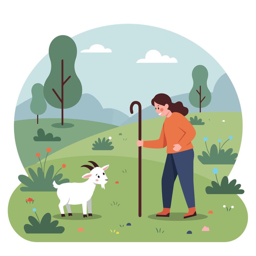 Woman Herding Goat in Peaceful Green Field Illustration vector