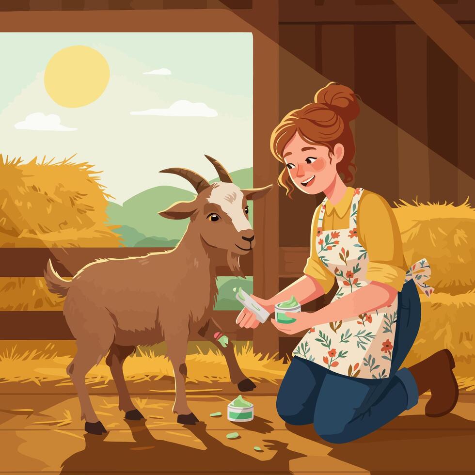 Applying Cream to Goat Leg by Woman in Barn Interior vector