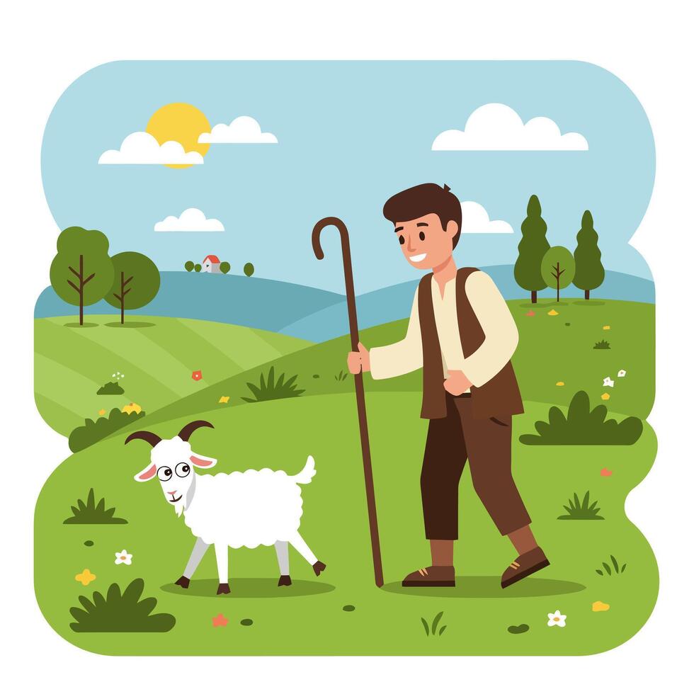 Shepherd Walking with Goat in a Green Meadow Landscape Illustration vector